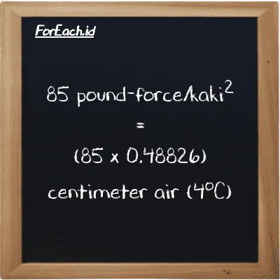 Cara konversi pound-force/kaki<sup>2</sup> ke centimeter air (4<sup>o</sup>C) (lbf/ft<sup>2</sup> ke cmH2O): 85 pound-force/kaki<sup>2</sup> (lbf/ft<sup>2</sup>) setara dengan 85 dikalikan dengan 0.48826 centimeter air (4<sup>o</sup>C) (cmH2O)